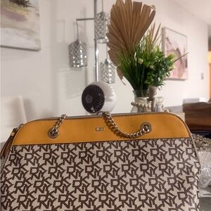DKNY Brown Monogram Shoulder Bag with Yellow Trim and Chain Strap